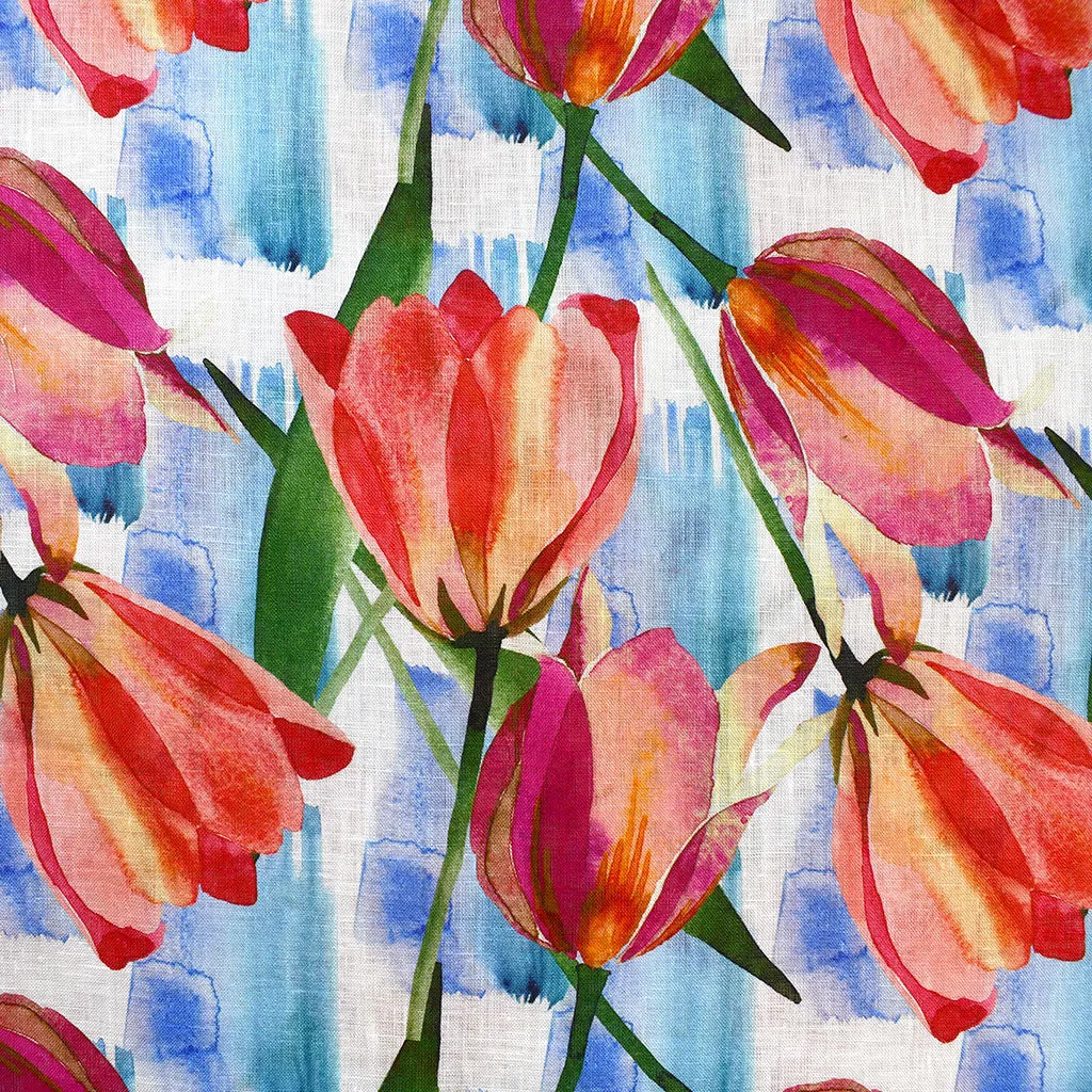 Watercolor Spring Tulips Digital Print Linen Shirting Coral SY