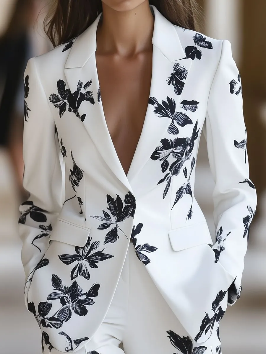 White Blazer with Bold Black Floral Printed