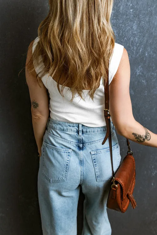 White Ribbed Sweetheart Neckline Tank Top