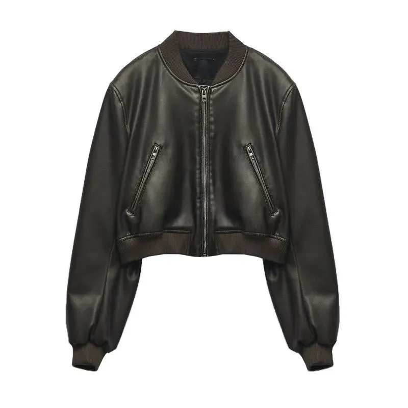 Women Leather Stand Collar Short Jackets Outerwear