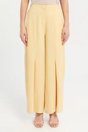 Women Yellow Textured Slit Detailed Trousers