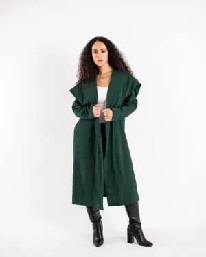 Women's Green Velvet Coat - Elegant Pleated Design, Luxurious Winter Jacket, Made in Egypt