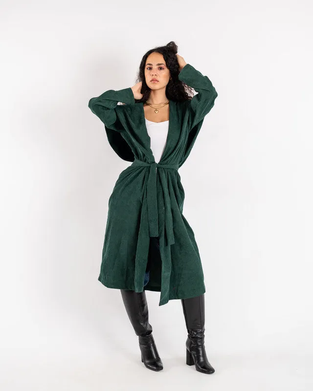 Women's Green Velvet Coat - Elegant Pleated Design, Luxurious Winter Jacket, Made in Egypt