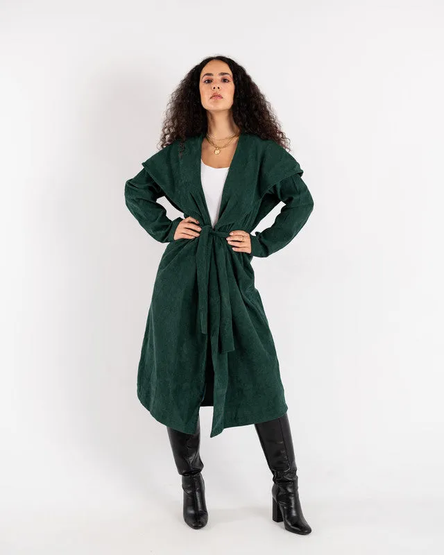 Women's Green Velvet Coat - Elegant Pleated Design, Luxurious Winter Jacket, Made in Egypt