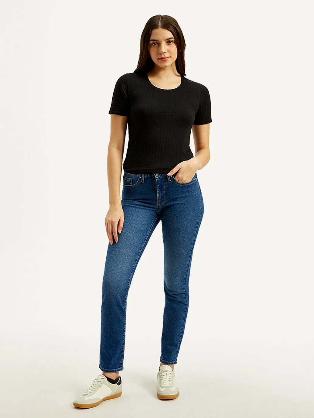 Women's Mid Rise Straight Fit Dark Blue Jeans