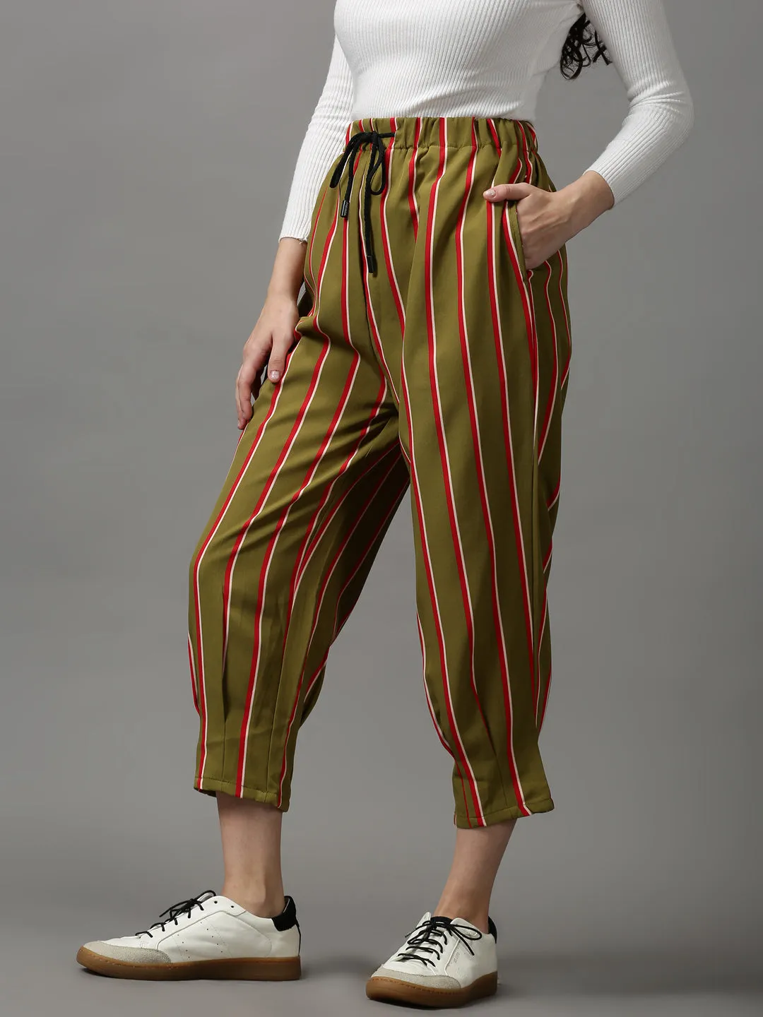 Women's Olive Striped Trouser