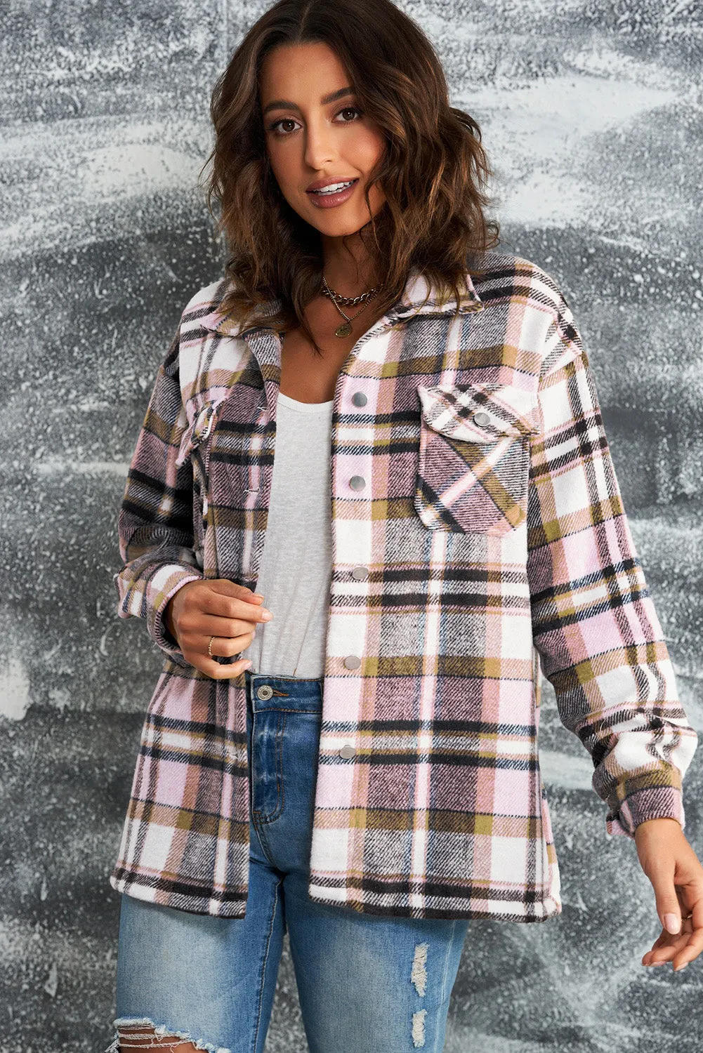 Womens Pink Plaid Shirt Shacket