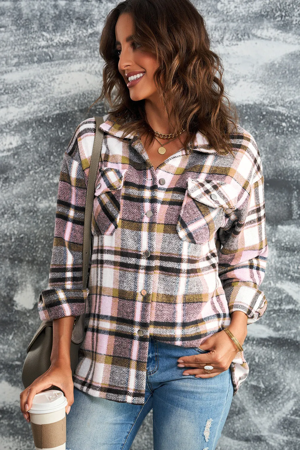 Womens Pink Plaid Shirt Shacket