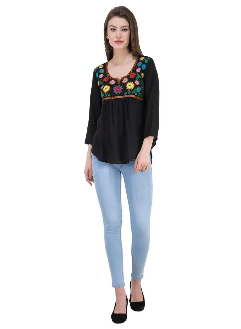 Women's Rayon Black Embroidered Top