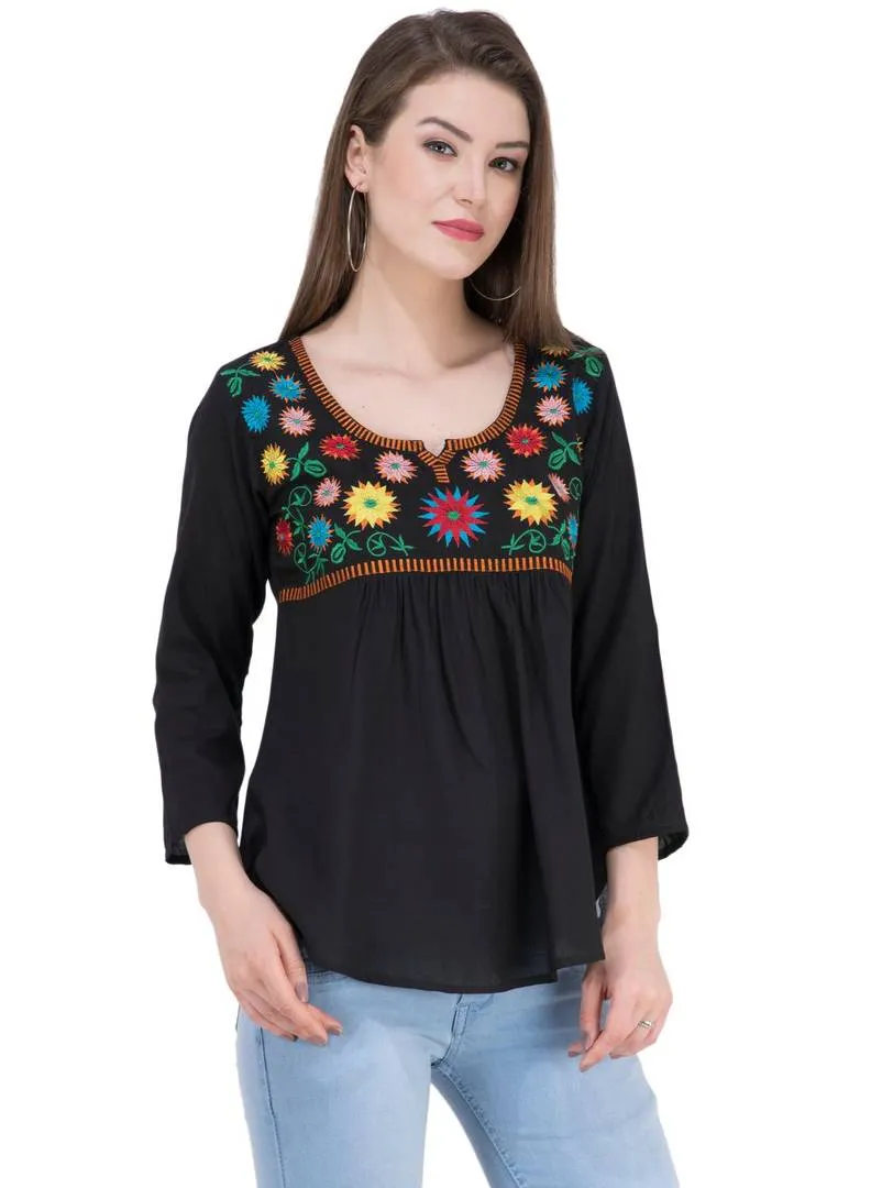 Women's Rayon Black Embroidered Top