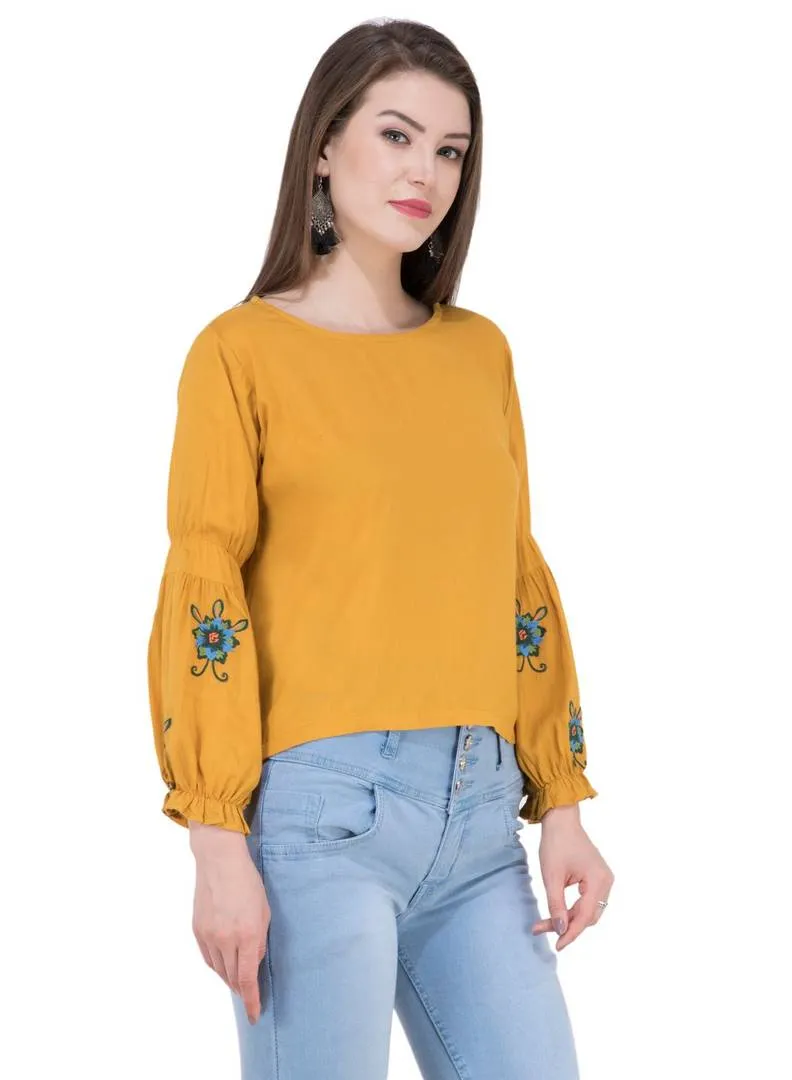 Women's Rayon Musturd Embroidered Top