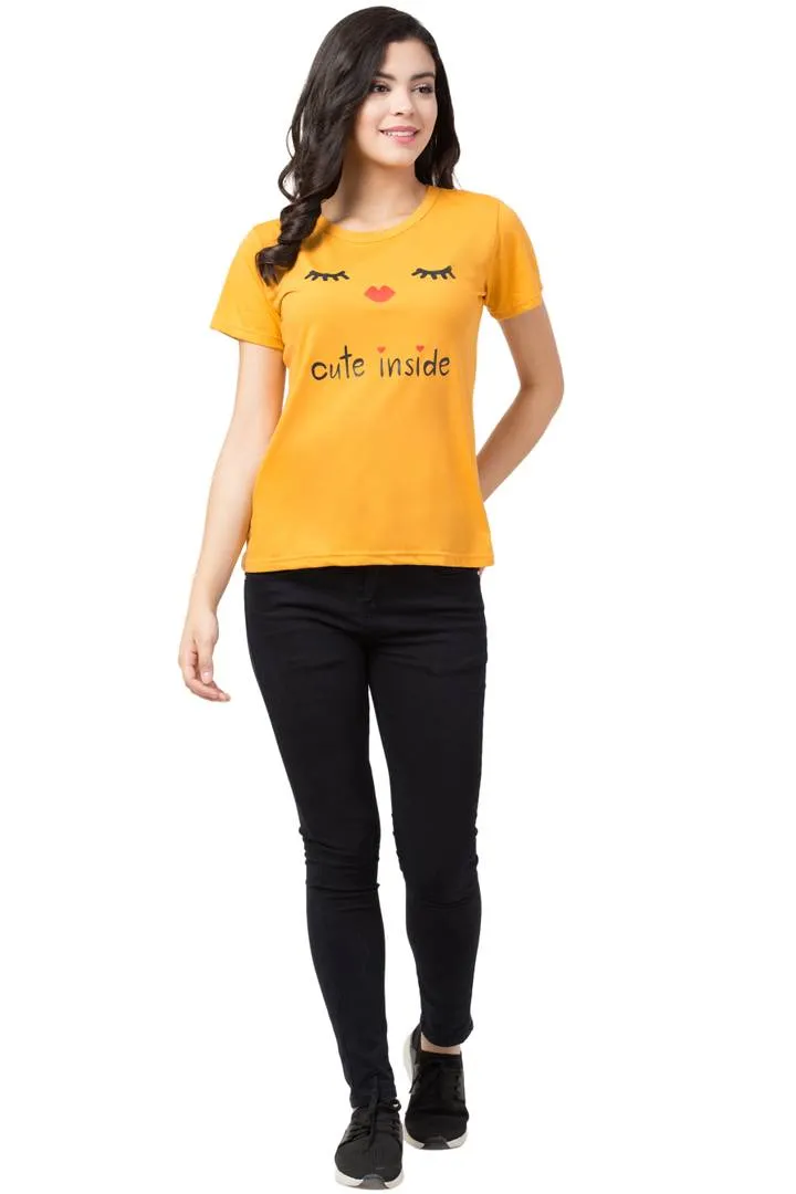 Women's Yellow Printed Cotton Round Neck T-Shirt