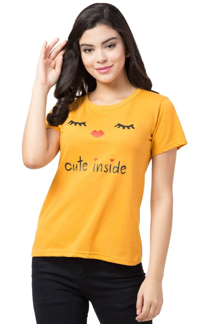 Women's Yellow Printed Cotton Round Neck T-Shirt