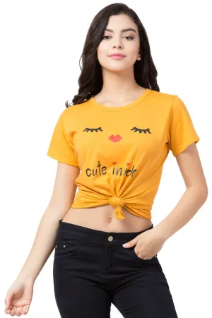 Women's Yellow Printed Cotton Round Neck T-Shirt