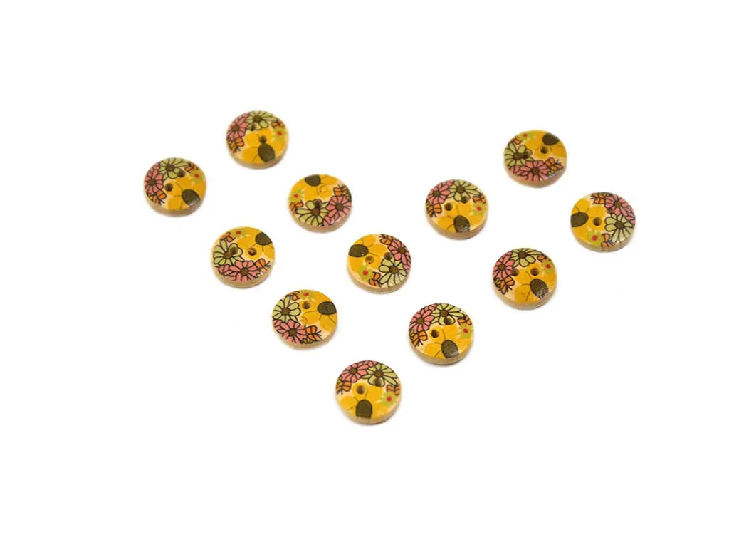 Yellow Green Floral Printed 2 Hole Wooden Buttons